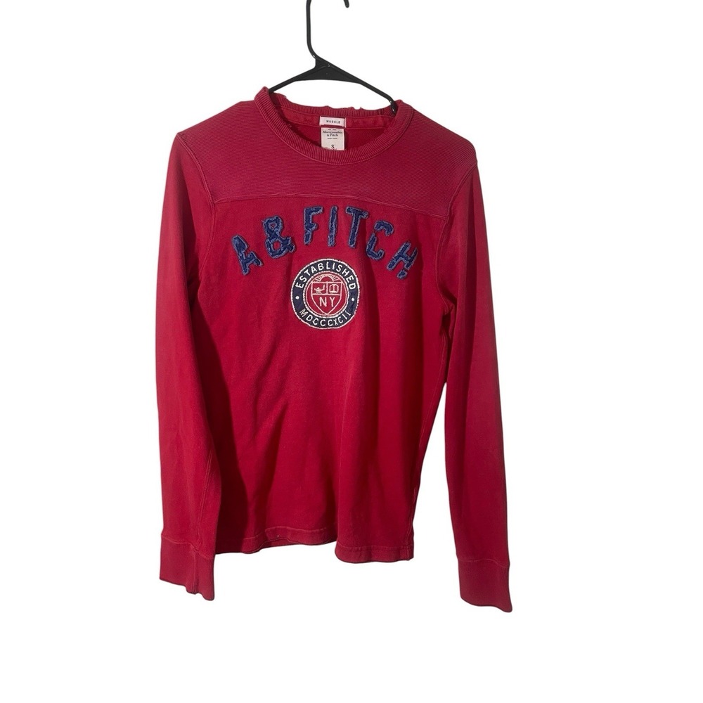 Abercrombie & Fitch Muscle Y2K Red Embroidered Distressed Sweatshirt Small